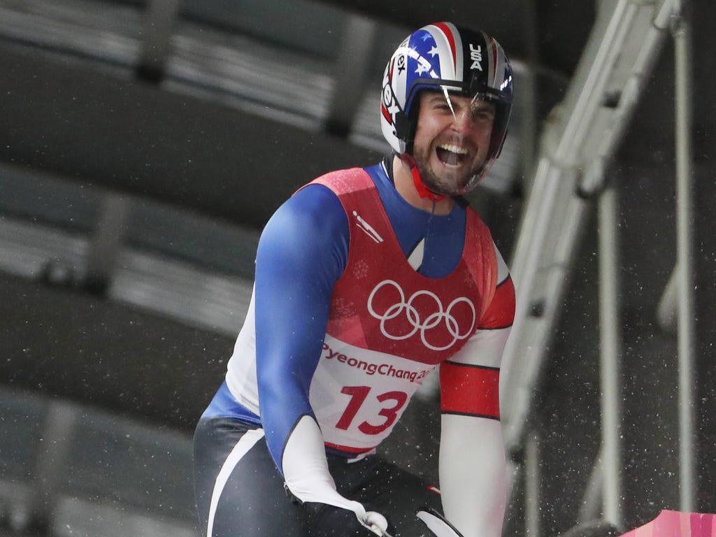 Chris Mazdzer  of the U.S. celebrates after the fourth run of the men's single luge in the Pyeongchang 2018 Olympic Winter Games at Olympic Sliding Centre in Pyeongchang, South Korea.