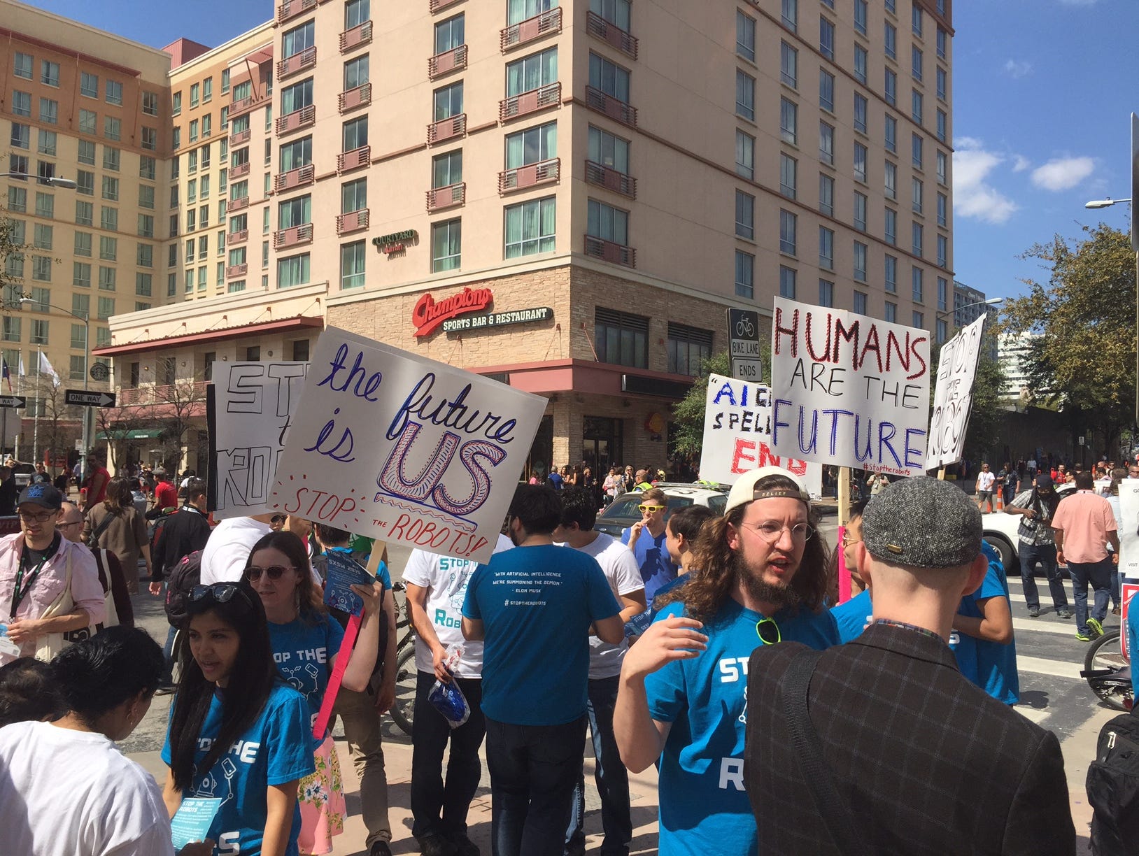 Protesters warn of the dangers of unchecked artificial intelligence at the tech and entertainment gathering SXSW in Austin on March 14, 2015.
