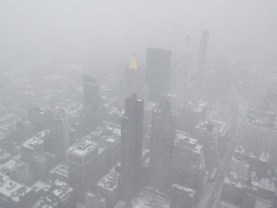 The view from atop the Empire State Building as snow