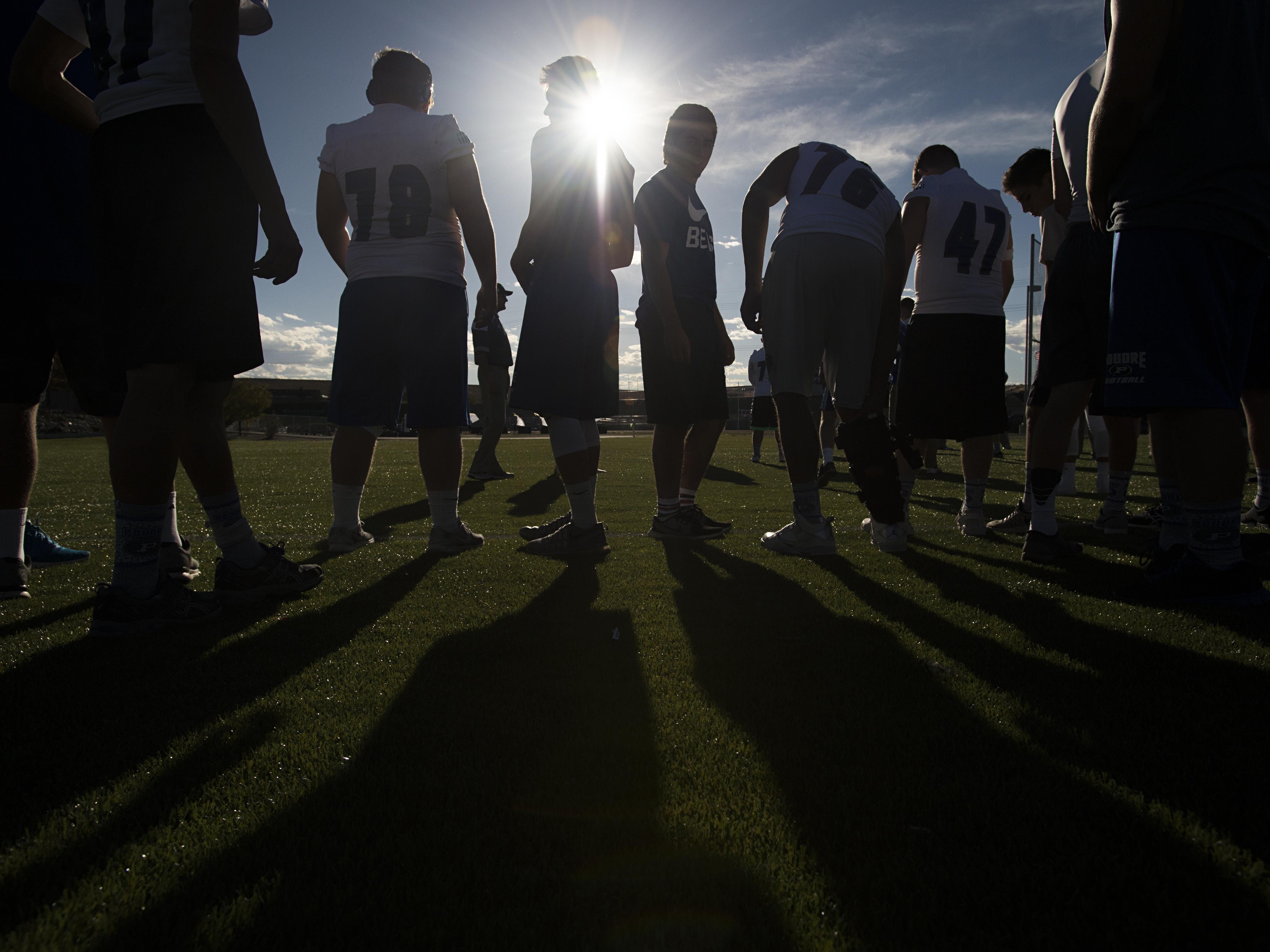 4:27 p.m. - Poudre High School football players line up in formation to run through a few plays at EchoPark Stadium Thursday, October 13, 2016.