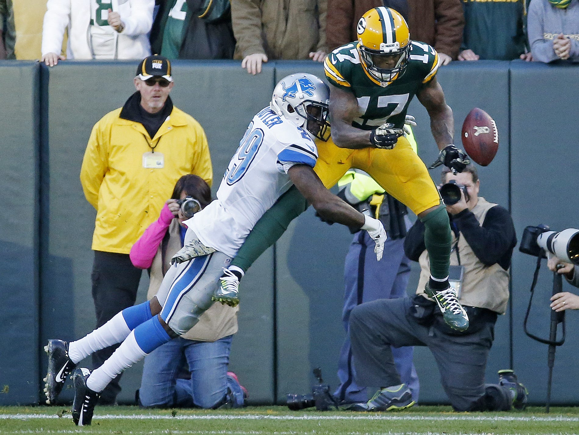 Detroit Lions' Crezdon Butler, a former Asheville High star, breaks up a two-point conversion intended for Green Bay Packers' Davante Adams last season in Green Bay, Wis. The Lions won 18-16.