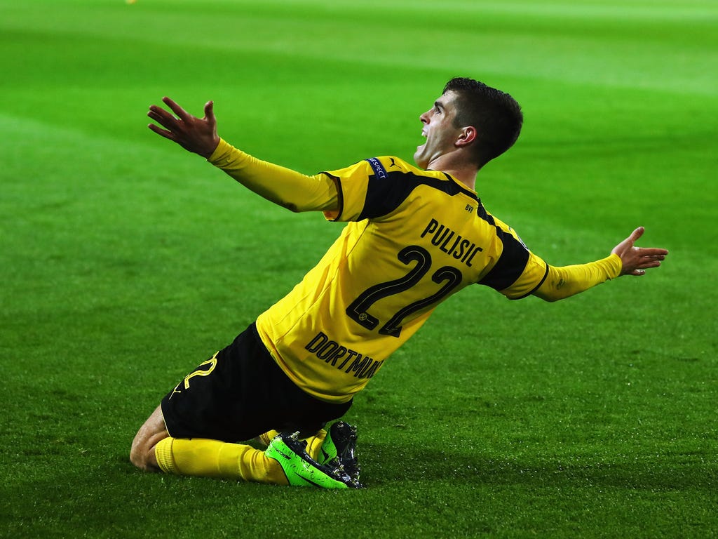 Christian Pulisic of Borussia Dortmund celebrates after he scores his team's second goal during the UEFA Champions League Round of 16 second leg match between Borussia Dortmund and  SL Benfica at Signal Iduna Park in Dortmund, Germany.