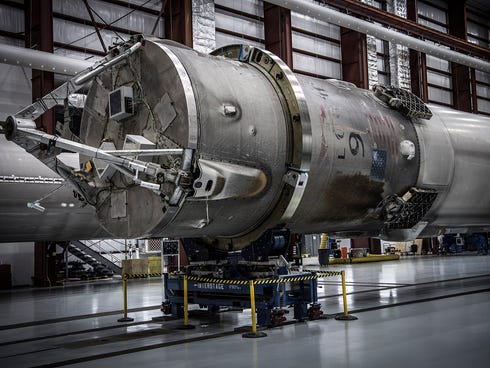 The SpaceX Falcon 9 rocket booster that launched the Japanese communications satellite from Cape Canaveral on May 6, 2016, after its return to the company's hangar at Kennedy Space Center's pad 39A on Saturday, May 14, 2016.