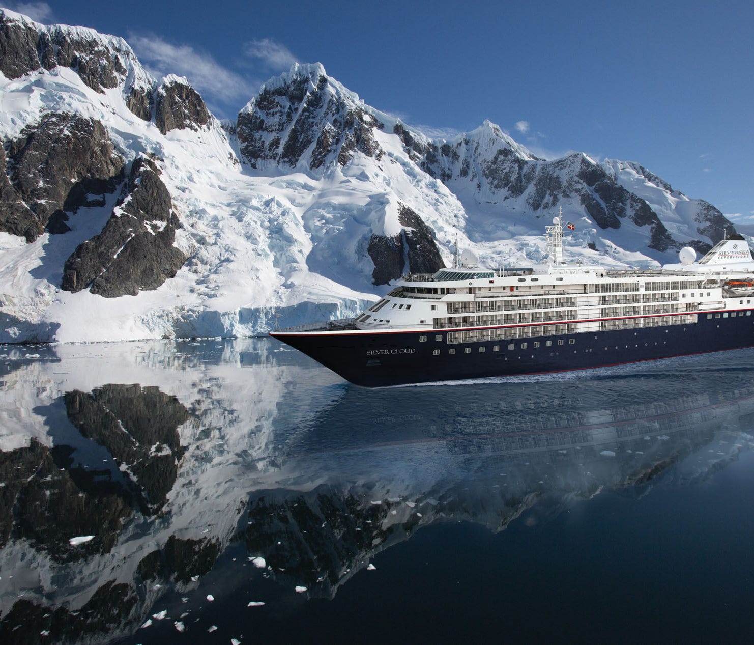 An artist's drawing of luxury line Silversea's soon-to-be-revamped Silver Cloud sailing in Antarctica.