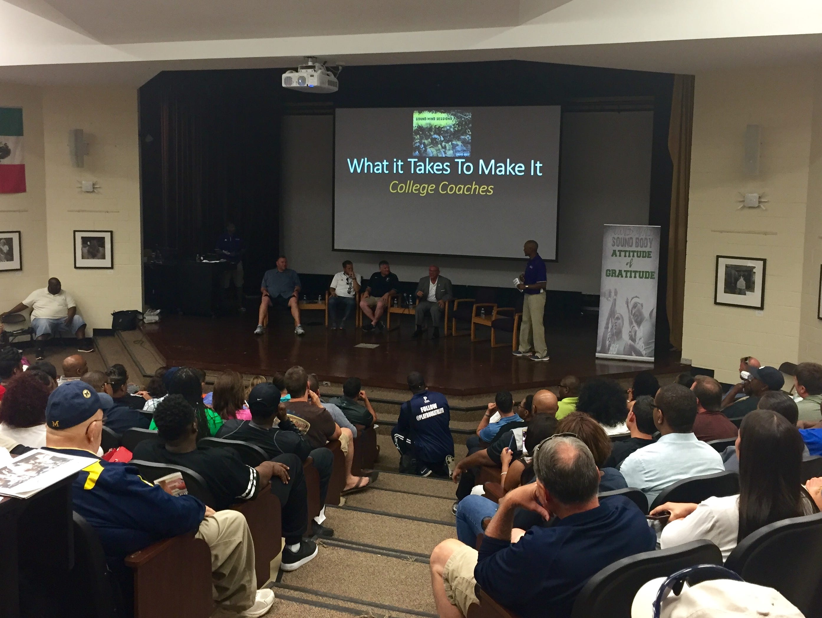 Players listen during the Sound Mind Sound Body presentation on Thursday in Wayne State.