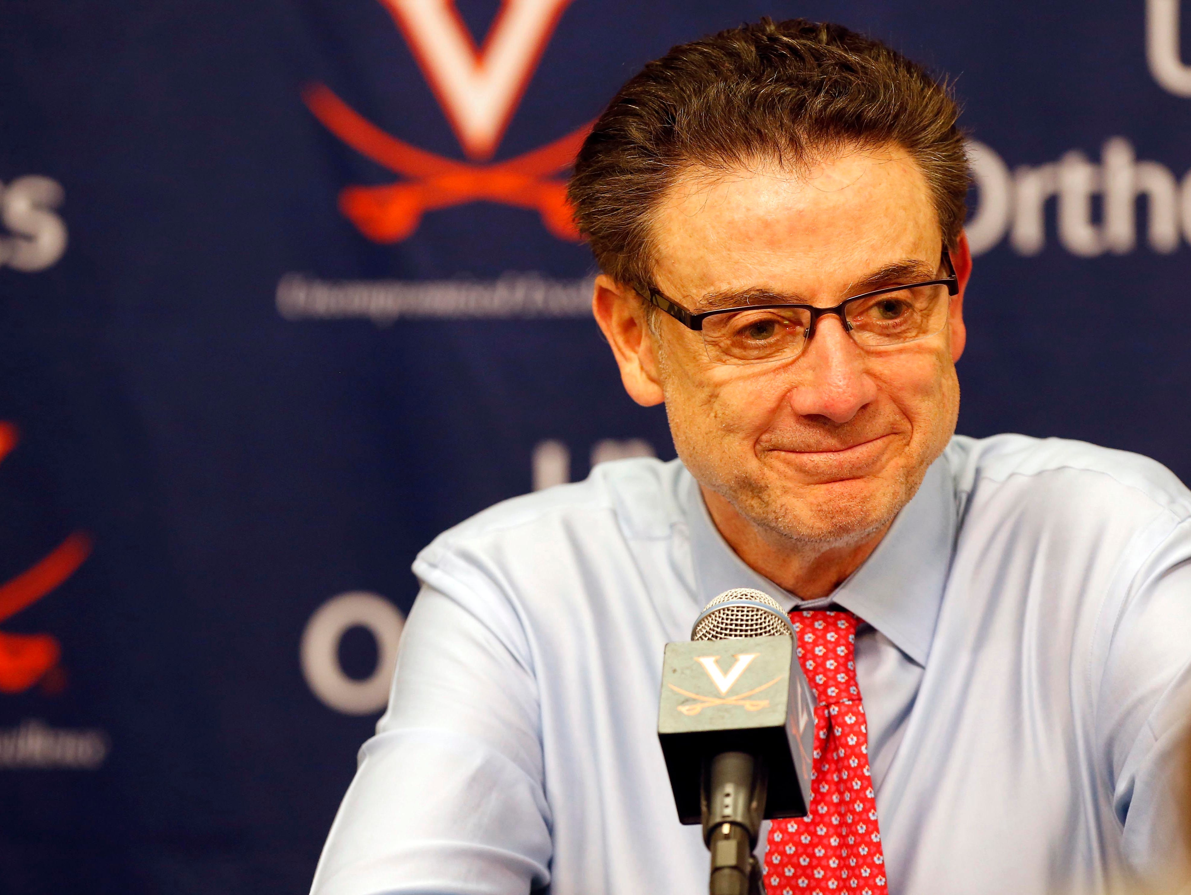 Mar 5, 2016; Charlottesville, VA, USA; Louisville Cardinals head coach Rick Pitino speaks with the media after the Cardinals' game against the Virginia Cavaliers at John Paul Jones Arena. The Cavaliers won 68-46. Mandatory Credit: Geoff Burke-USA TODAY Sports