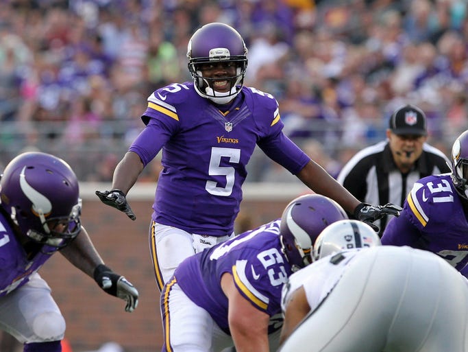 Aug 8, 2014; Minneapolis, MN, USA; Minnesota Vikings quarterback Teddy Bridgewater (5) calls a play during the second quarter against the Oakland Raiders at TCF Bank Stadium. Mandatory Credit: Brace Hemmelgarn-USA TODAY Sports