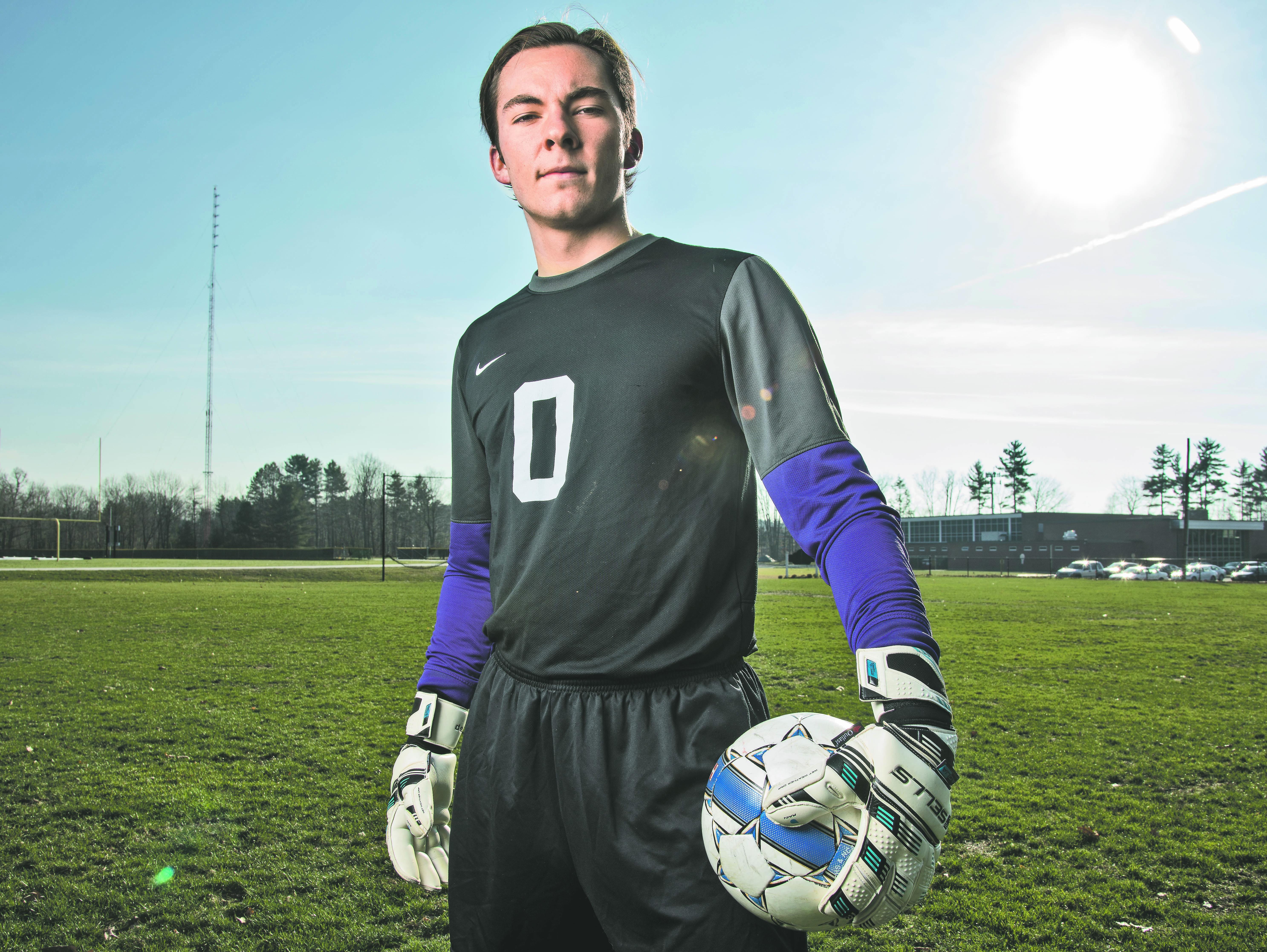 Rice goalie Leland Gazo poses for a portrait at Rice Memorial High School last week. Gazo was named the Burlington Free Press boys soccer player of the year for 2015.