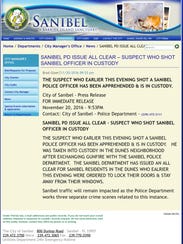 Message from Sanibel Police Department per Sunday's