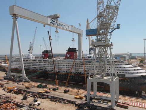 The 1,754-passenger Disney Magic undergoing a makeover at a shipyard in Cadiz, Spain in October 2013.