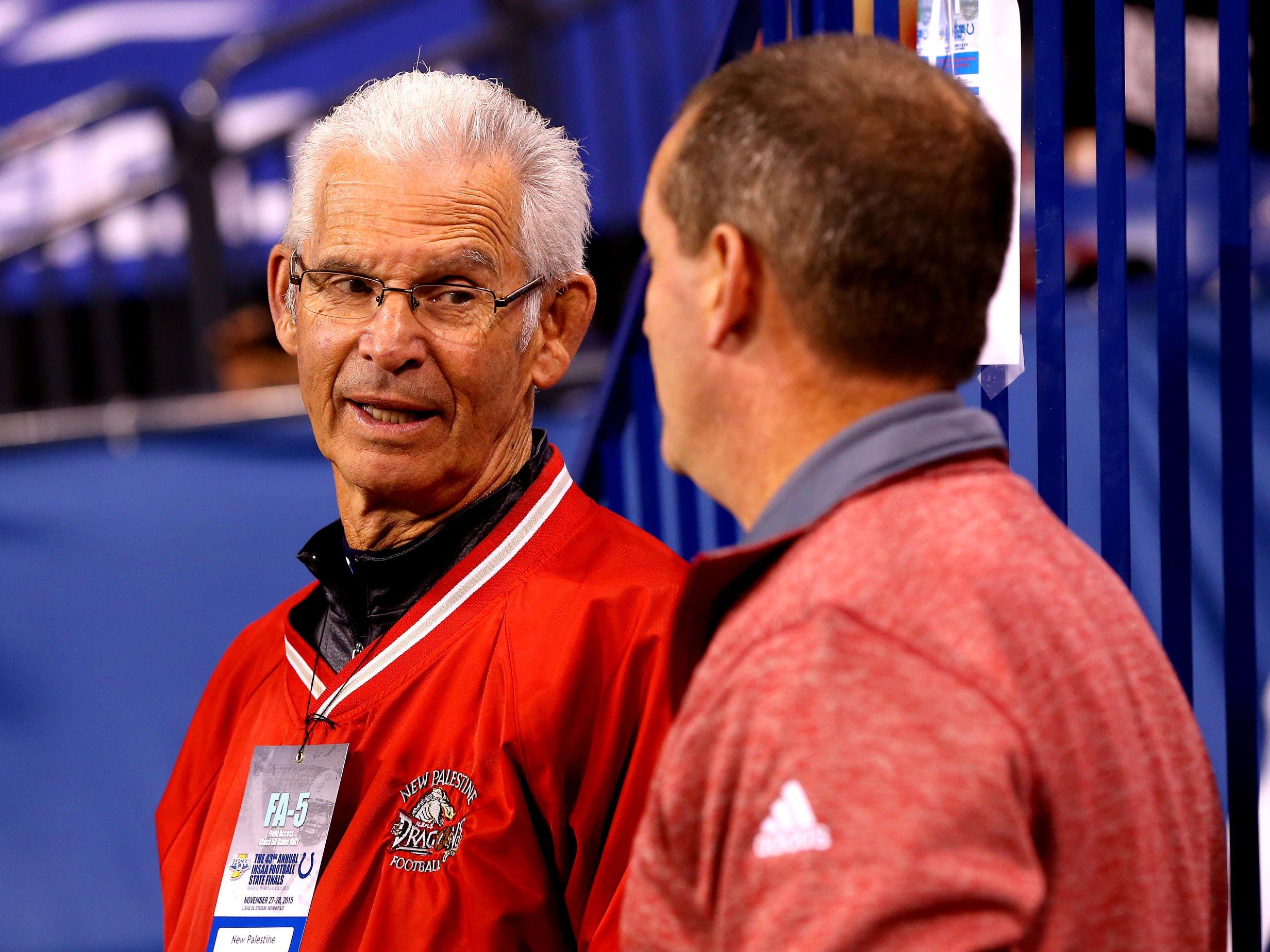 Former New Palestine head coach Marvin Shepler, who coached from 1968-2001, watches the Class 5A IHSAA Football State Tournament finals at Lucas Oil Stadium on Nov. 27, 2015.