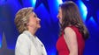 Clinton greets daughter Chelsea Clinton as she arrives