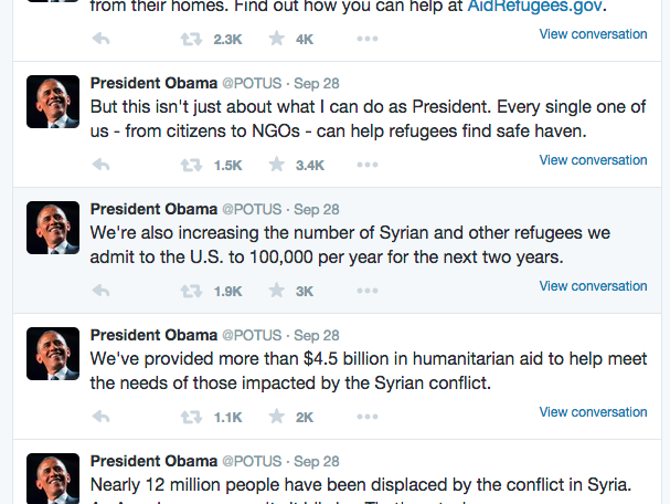 President Obama has called on the nation to aid refugees.