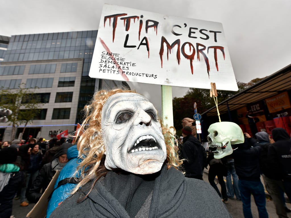 A protester demonstrates against the free trade agreement TTIP (Transatlantic Trade and Investment Partnership) during an European Union summit in Brussels.