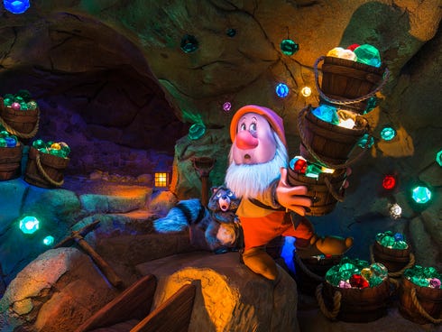 During the middle of the ride, while you are inside the mountain, there���s a slow-motion section where you see the dwarfs in their natural habitat.