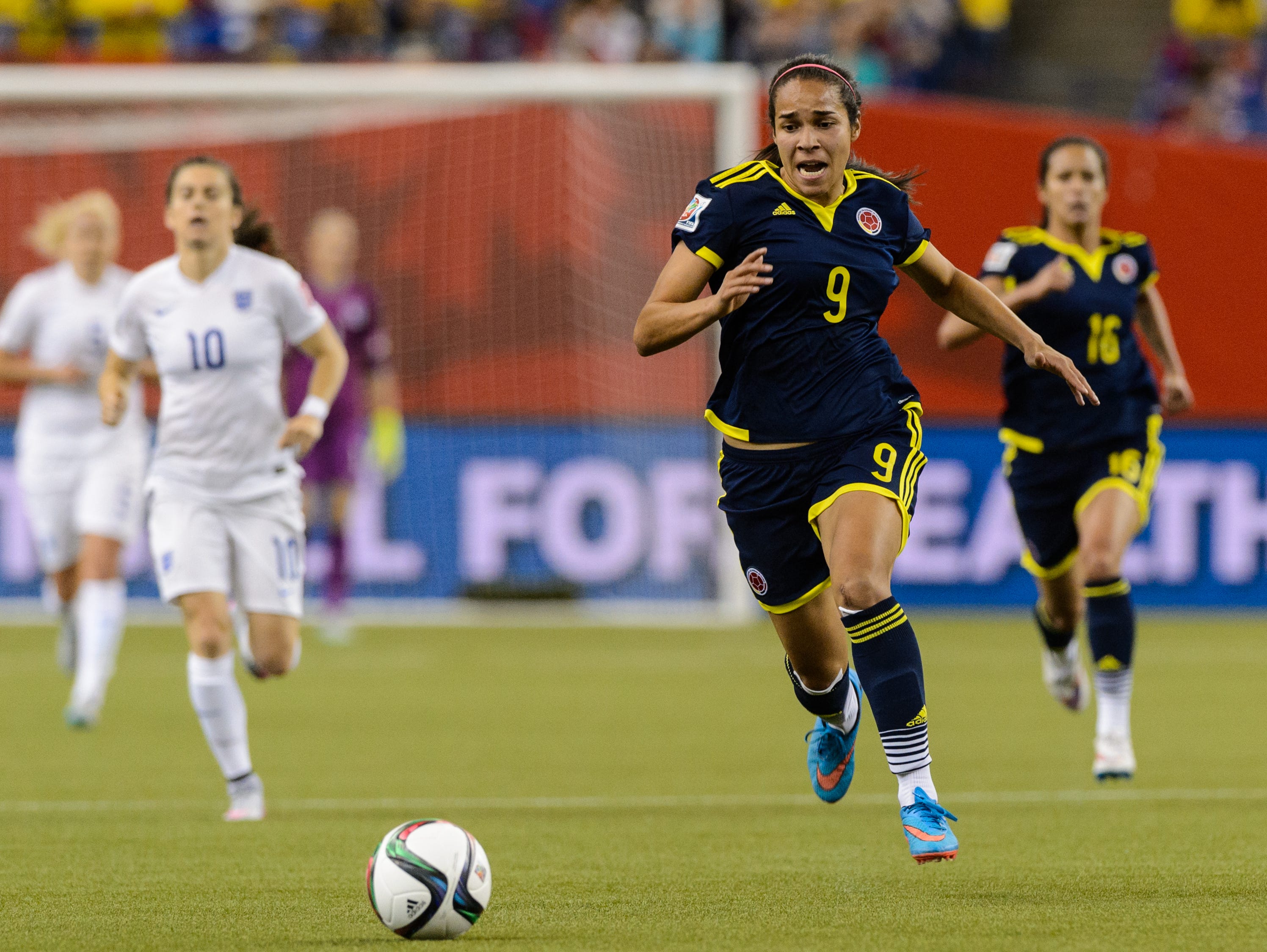Orianica Velasquez #9 of Colombia runs for the ball during the 2015 FIFA Women's World Cup.