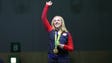 Ginny Thrasher (USA) celebrates winning the gold medal