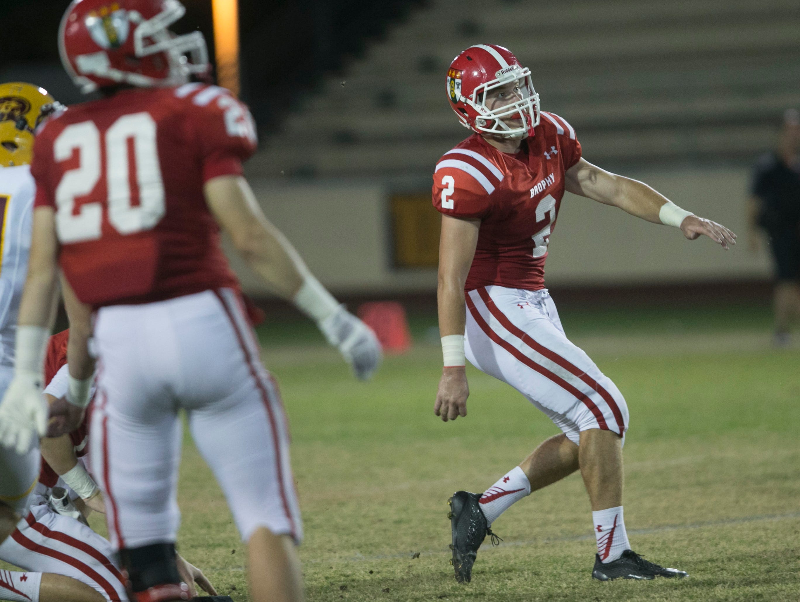 Brophy's Streator Bates hits a field goal against Mountain Pointe in their upset win 31-28 on Oct. 10, 2014. Bates committed to the Air Force Academy on Wednesday.