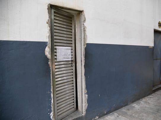 A general view of a restroom door at a Shell gasoline