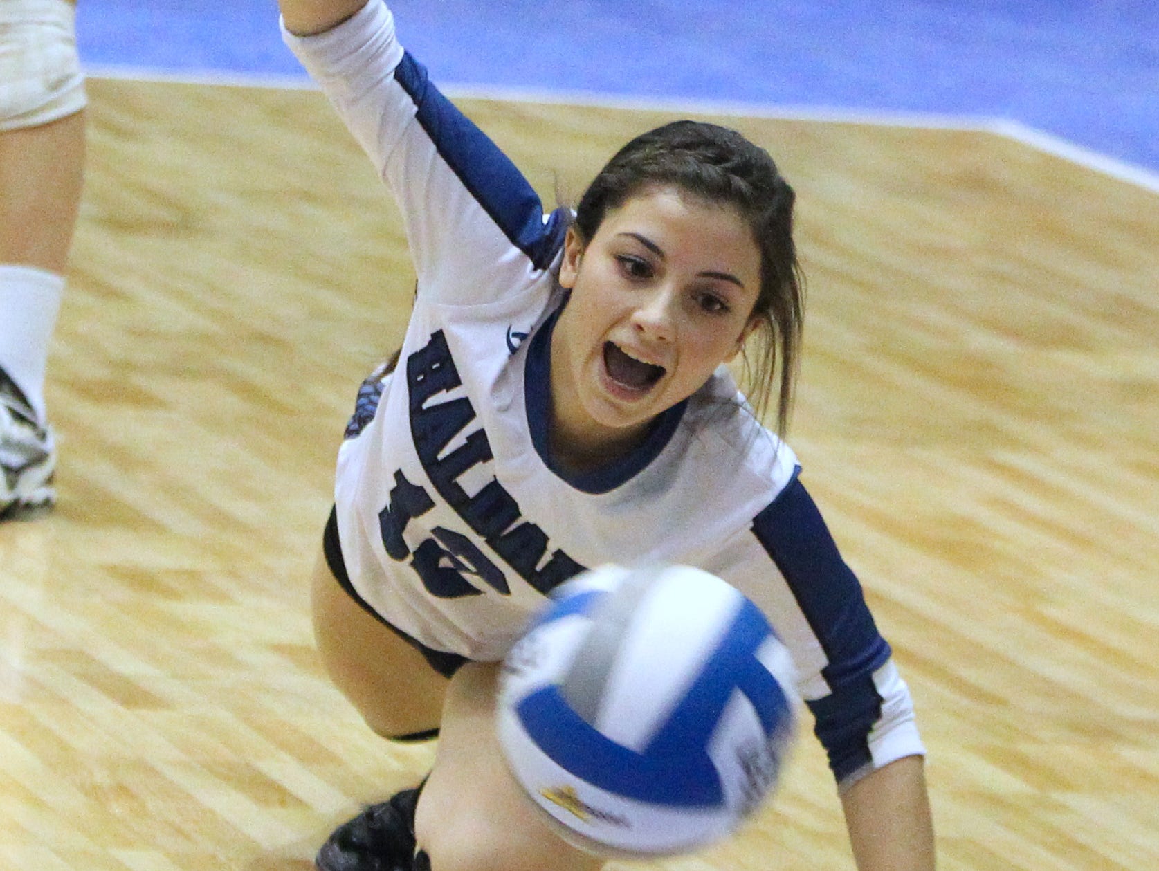 Haldane's Melissa Tringali digs the ball during the NYSPHSAA volleyball Class D championship with Portville at the Glens Falls Civic Center Nov. 16, 2014.