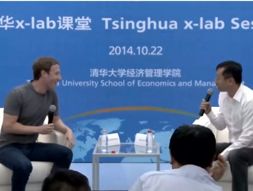 Facebook CEO and co-founder Mark Zuckerberg gives an interview, in Chinese, at Tsinghua University in Beijing.