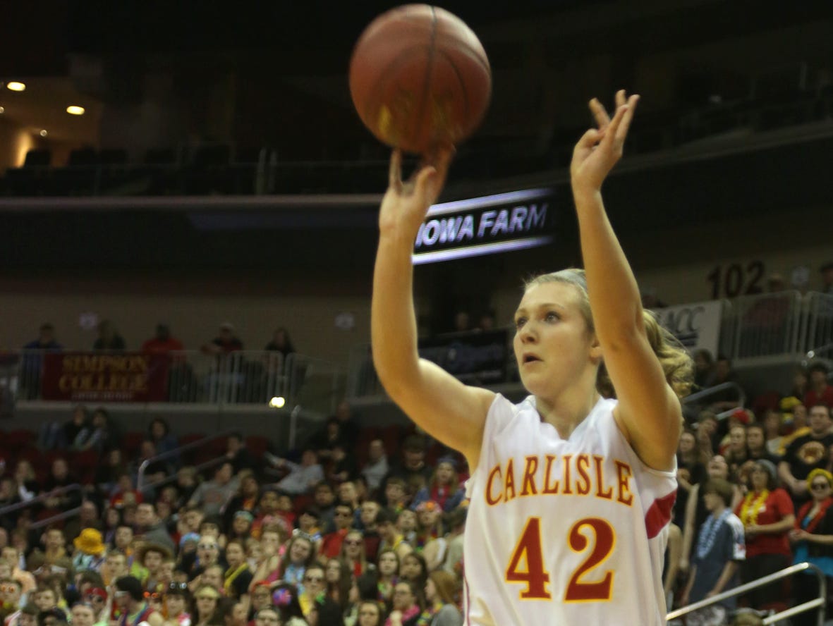 Carlisle's Agatha Beier puts up a 3-point shot in a Class 4-A semifinal at Wells Fargo Arena in Des Moines last season. Carlisle lost to top-ranked Harlan 69-43.