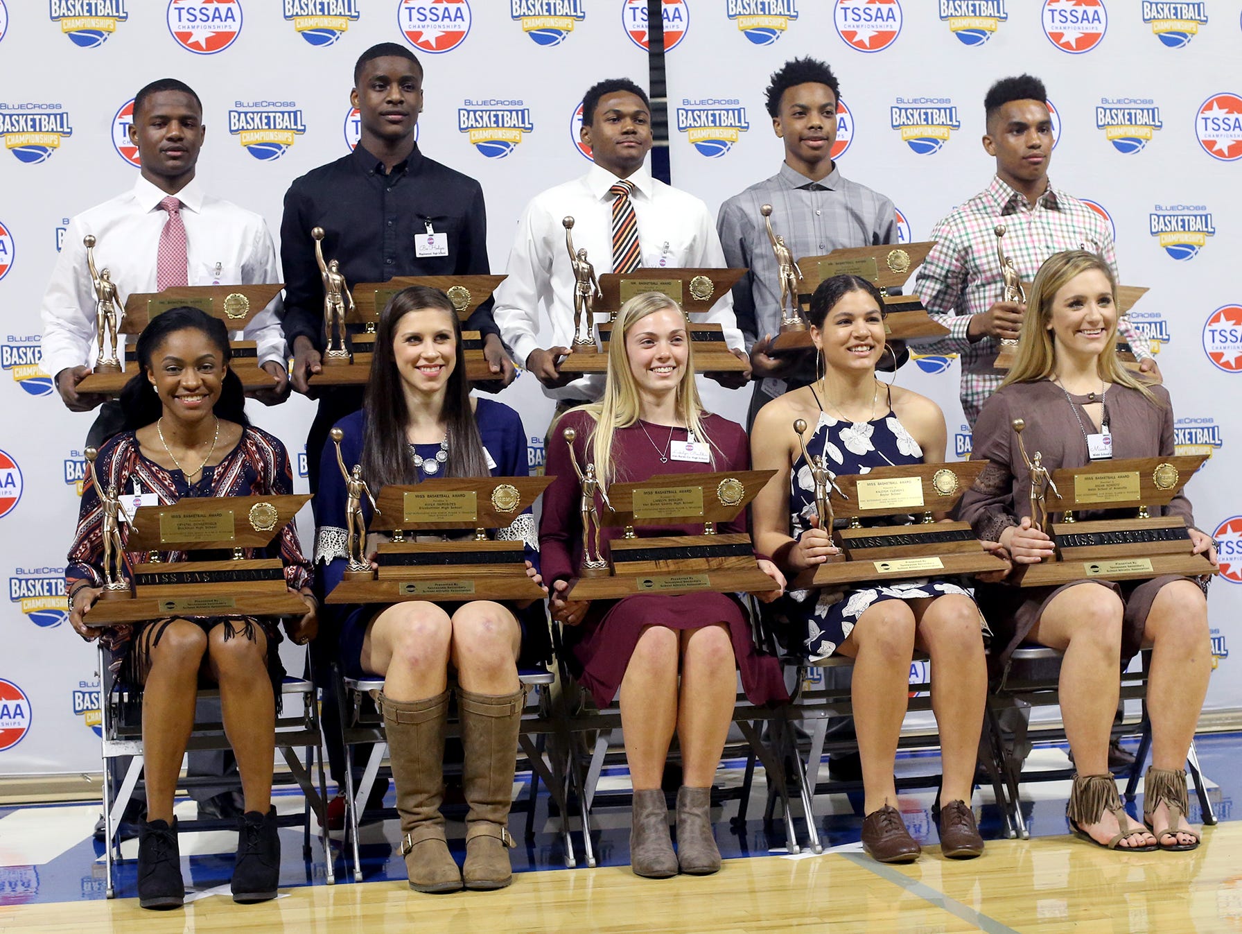 Winners of Mr and Miss Basketball for 2016. (Front row, l-r) Crystal Dangerfield (Blackman), Kayla Marosites (Elizabethton), Lakelyn Bouldin (Van Buren County), Kaleigh Clemons (Baylor) and Micah Scheetz (Knox Webb). In the back row (l-r): Alex Lomax (Memphis East), Bo Hodges (Maplewood), Nick Hopkins (Fayetteville), Darius Garland (Brentwood Academy) and Chase Hayden (St. George's).