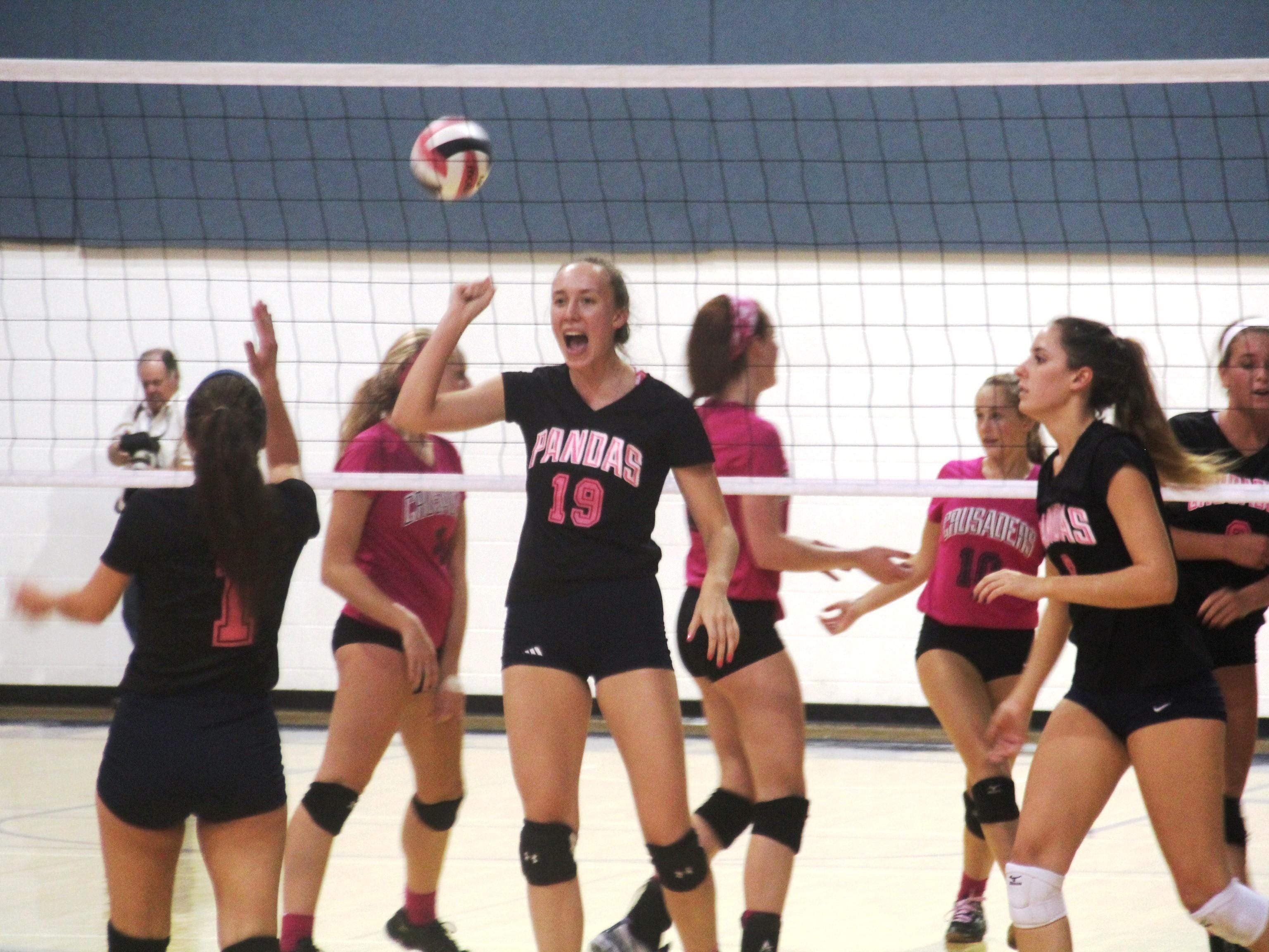 Notre Dame senior Madison Salkowski, 19, leads the celebration after a Pandas point.