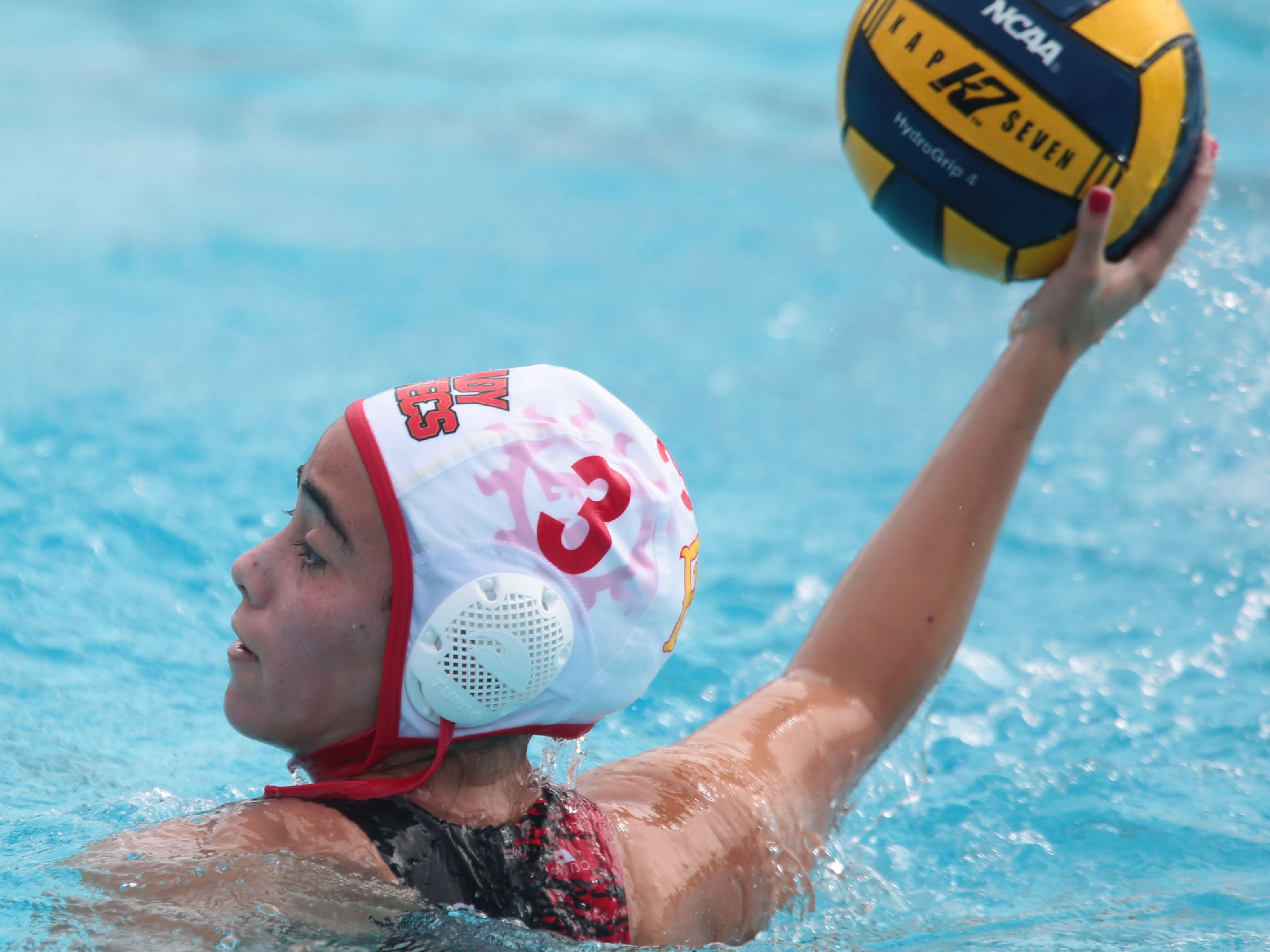 Palm Desert's Samantha Sandoval scores her team's second point against Los Altos on Saturday during the CIF Southern Section Division 5 Girls Water Polo finals in Irvine. Palm Desert loss 8-7.