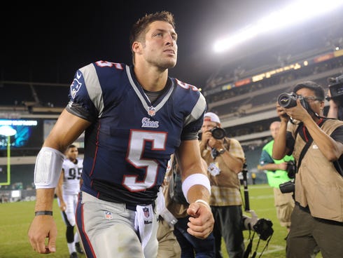 New England Patriots quarterback Tim Tebow (5) leaves the field after the second half of a preseason game against the Philadelphia Eagles at Lincoln Financial Field.