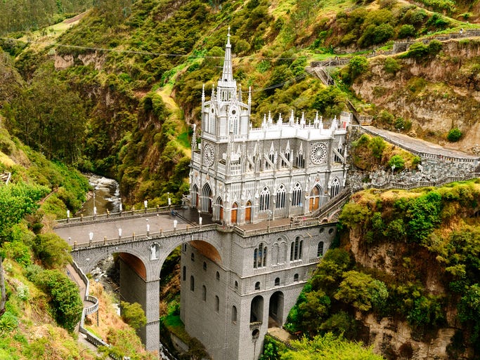 The neo-Gothic Las Laras Sanctuary                                                           sits perched                                                           on a bridge                                                           spanning a                                                           deep river                                                           gorge in                                                           southern                                                           Colombia --                                                           one of South                                                           America's most                                                           dramatic                                                           churches.