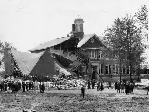 Vicious attack: A disgruntled taxpayer, Andrew Kehoe, set off 500 pounds of dynamite he had planted inside the Bath schoolhouse on May 18, 1927.-    -LSJ archives