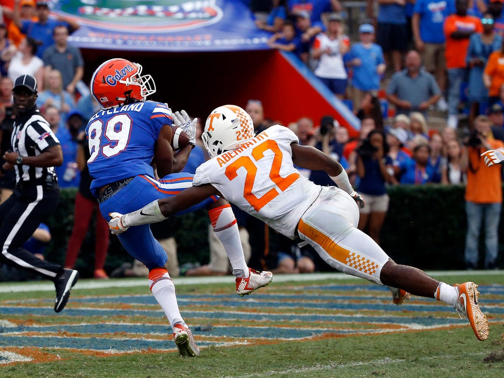 Florida wide receiver Tyrie Cleveland (89) catches the ball for a touchdown as time expires against Tennessee.
