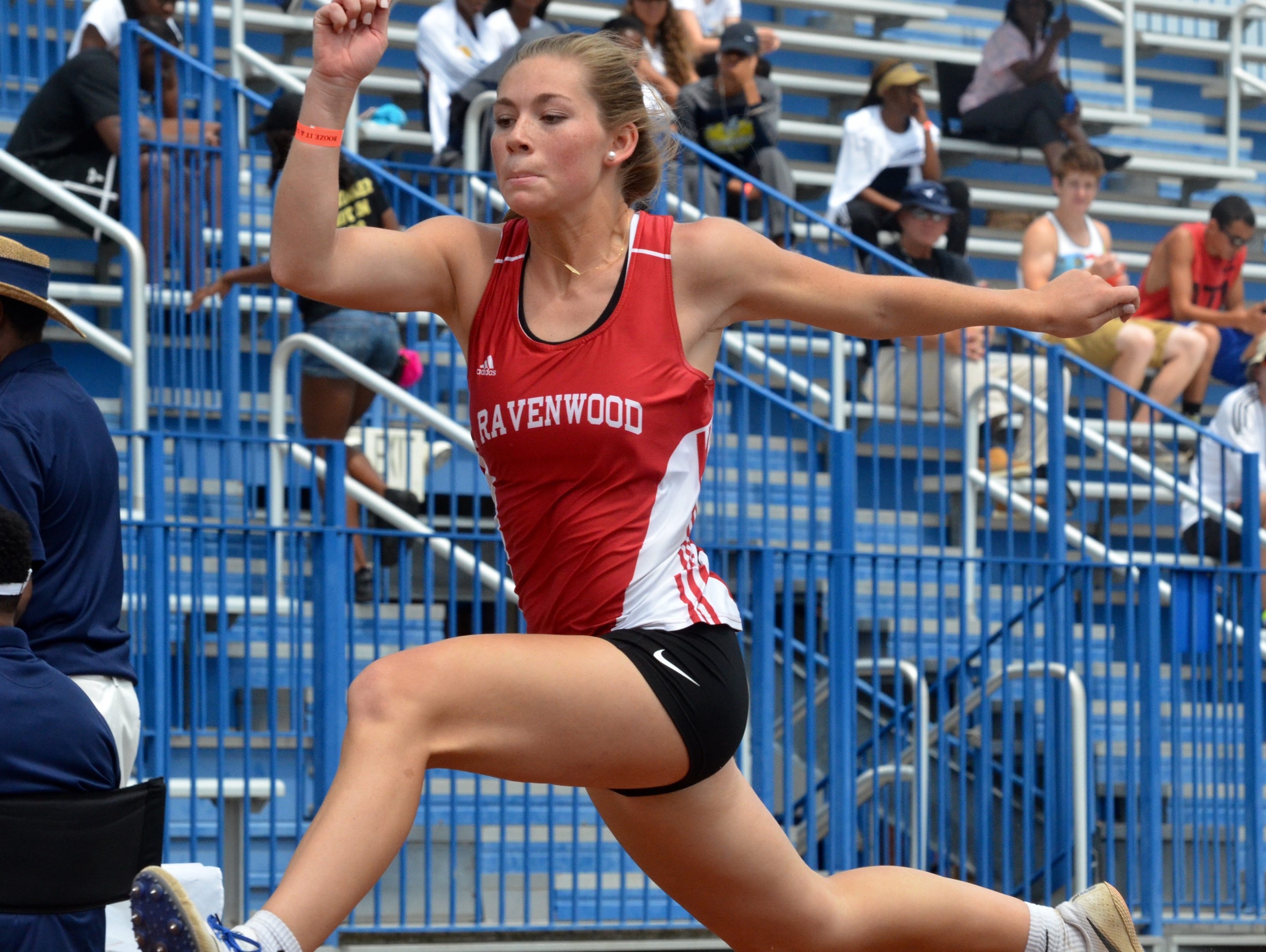 Ravenwood's Sarah Klippenstein competes in the Class AAA triple jump during Thursday's TSSAA State Track Championships at MTSU's Dean A. Hayes Stadium.
