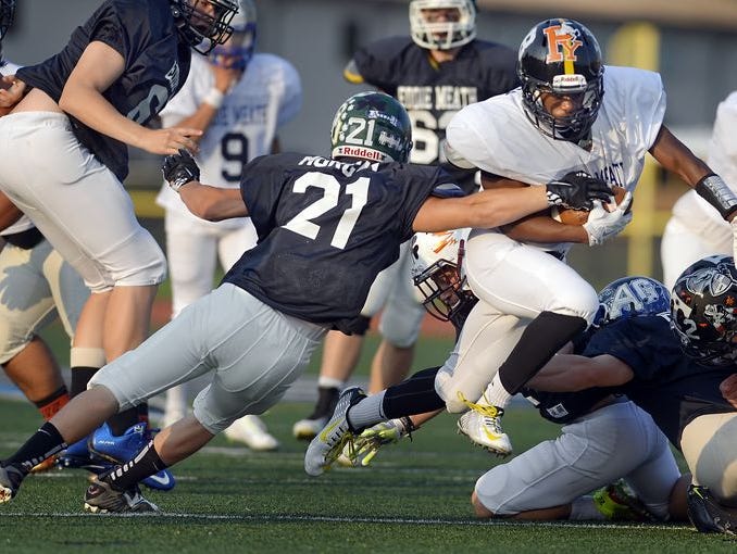 McQuaid's Amari Lawrence scored on a 35-yard run during the 2015 Eddie Meath All-Star High School Football Game at East Irondequoit Eastridge