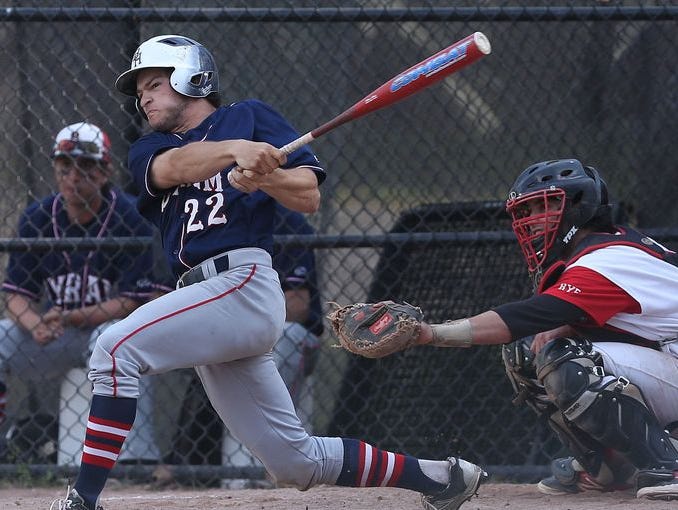 Frankie Vesuvio swings the bat as Byram Hills defeated Rye 15-2 in a game at Disbrow Park in Rye on May 12, 2015.