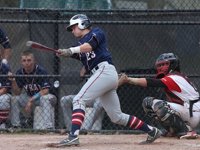 Kevin Wietsma swings as Byram Hills defeated Rye 15-2 in a baseball game at Disbrow Park in Rye May 12, 2015.