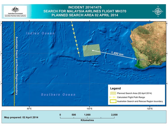A map from the Australian Maritime Safety Authority shows the search area in the Indian Ocean.