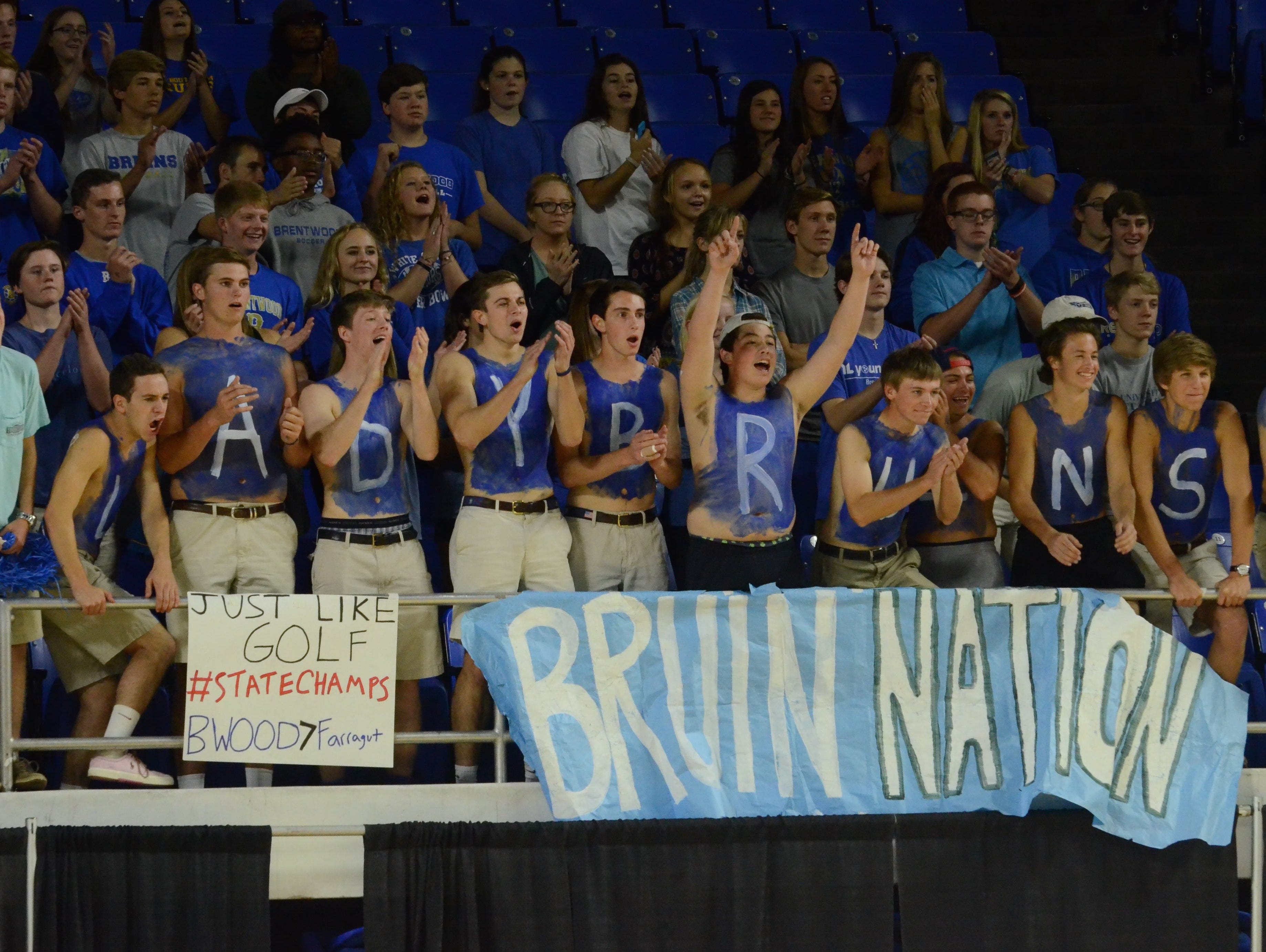 The Brentwood student section cheers on the Lady Bruins during Friday's Class AAA title match.