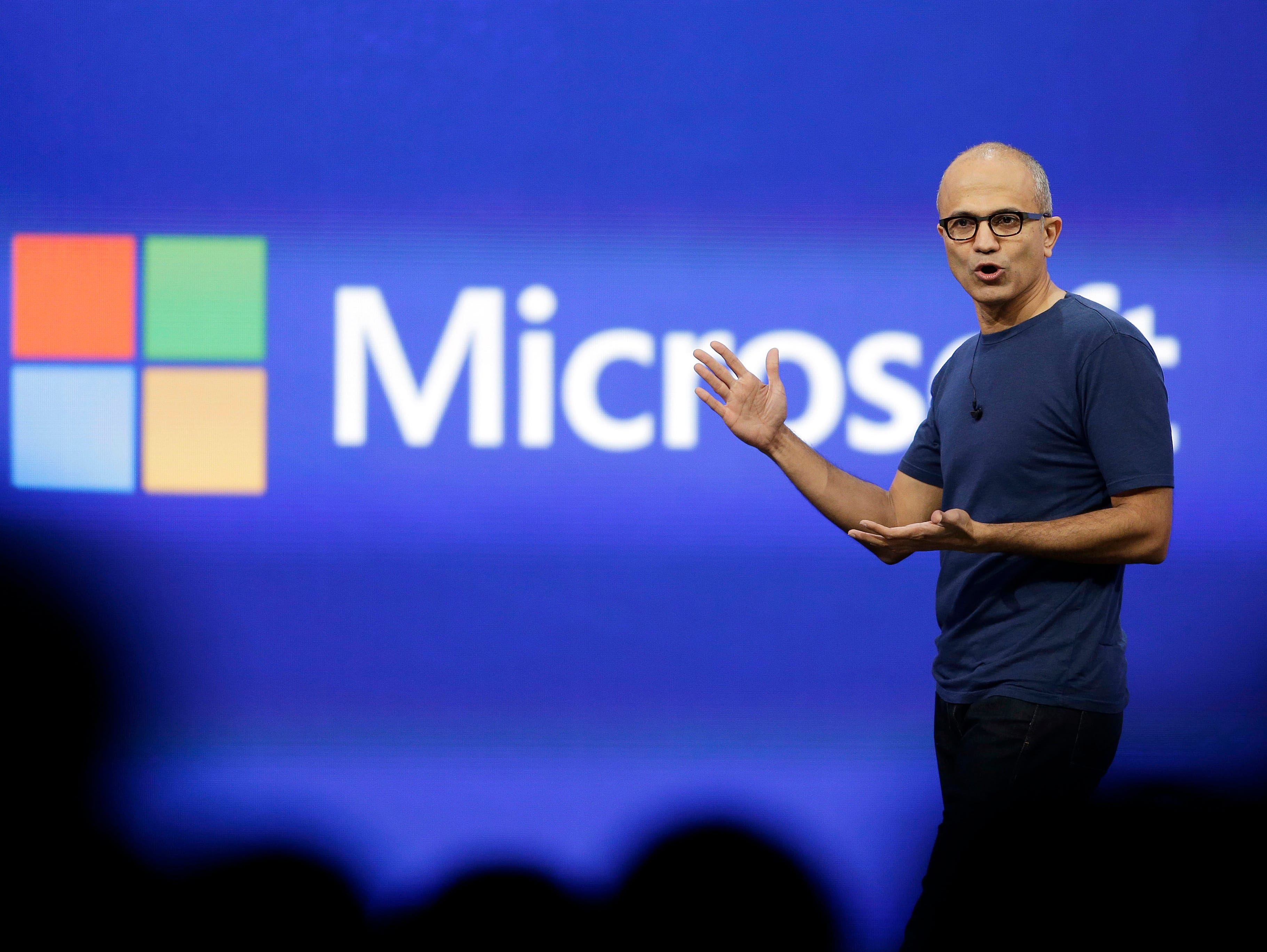 Microsoft CEO Satya Nadella gestures during the keynote address of the Build Conference in San Francisco in April.