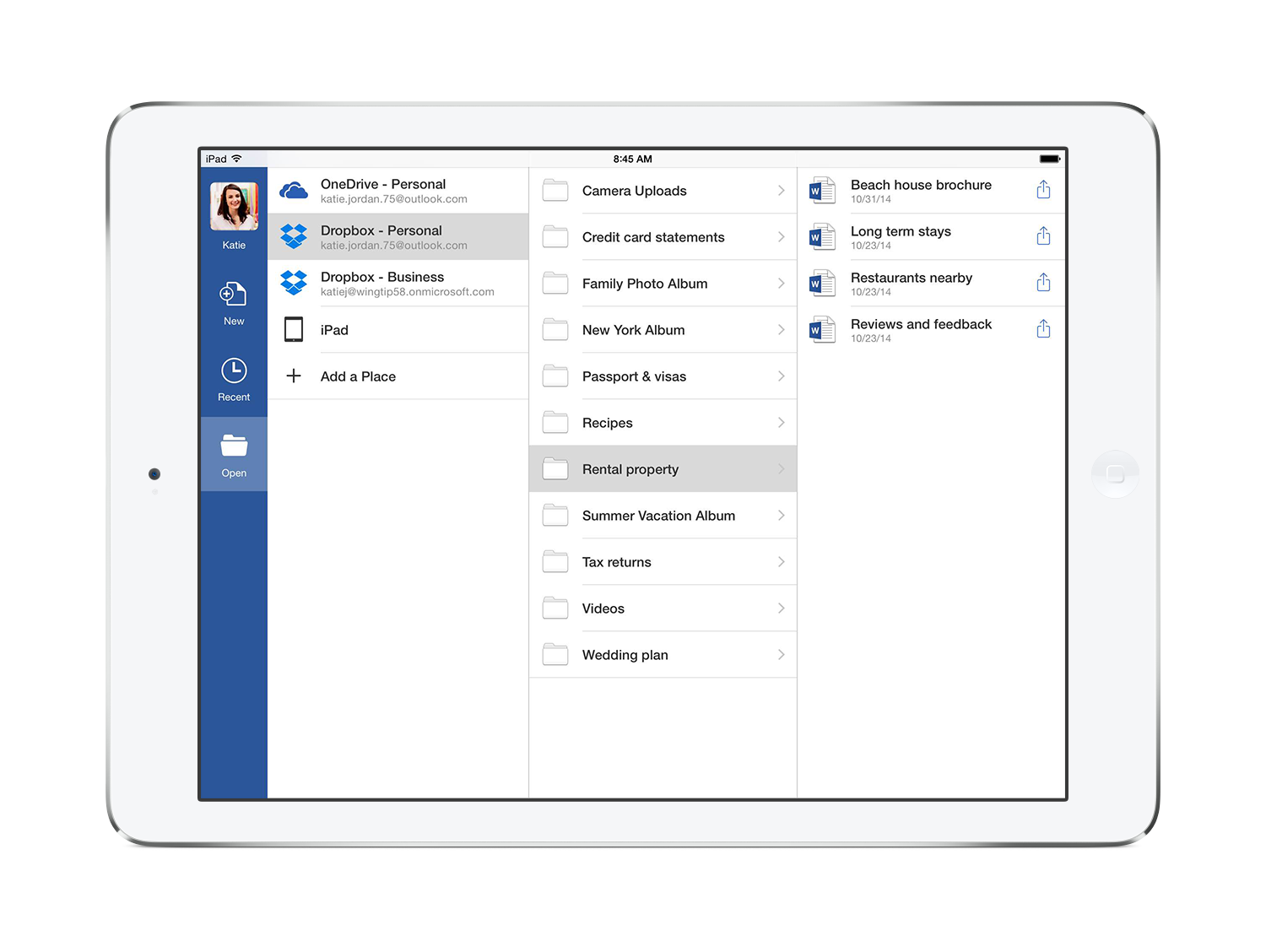 A screenshot of how users will be able to access Dropbox files from the Office app