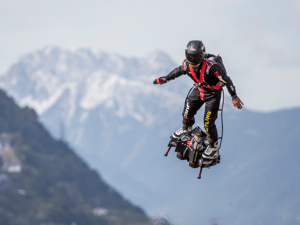Franky Zapata performs with his Flyboard at the International Breitling Airshow, in Sion, Switzerland.