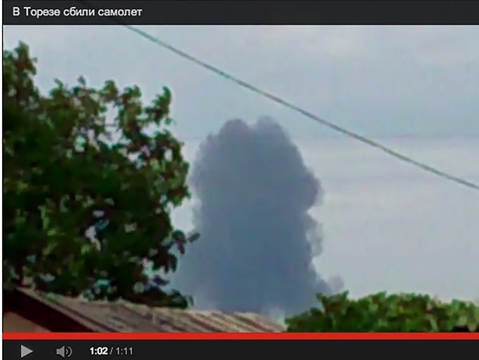 Smoke rises from the scene of a possible crash of a Malaysia Airlines passenger jet near Donetsk.