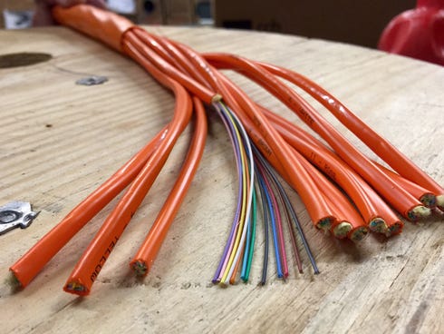 This high-capacity fiber-optic cable contains 144 individual strands of glass or plastic fiber, each thinner than a human hair. Each strand is wrapped in its own color-coded insulation, and then 12 of them are bundled together. Twelve of those larger