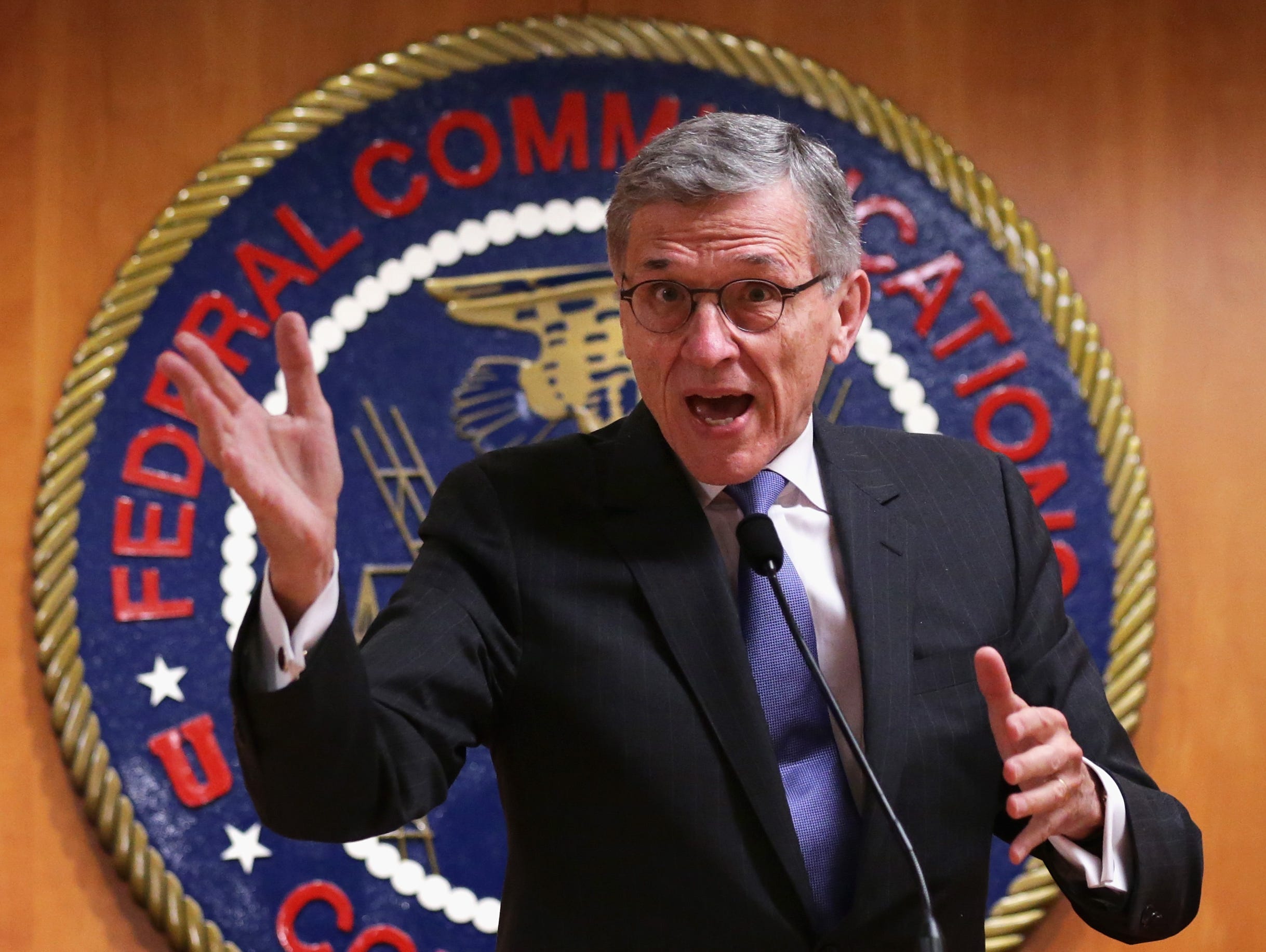 FCC Chairman Tom Wheeler speaks during a news conference after an open meeting to receive public comment on proposed open Internet notice of proposed rulemaking and spectrum auctions May 15, 2014, at the FCC headquarters in Washington, DC.
