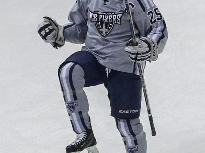 Adam Pawlick celebrates after getting another goal against the Louisiana IceGators during Friday night's game at the Pensacola Bay Center.