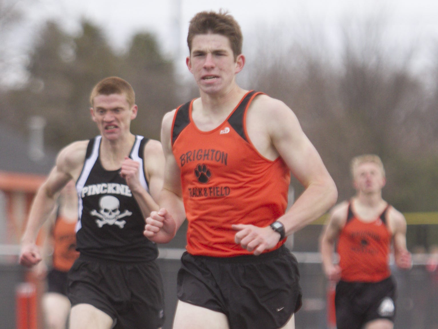 Brighton's Garrett McPeek took first in the 800- and 1600-meter runs Tuesday in what currently stands as a 64-64 tie against Hartland.