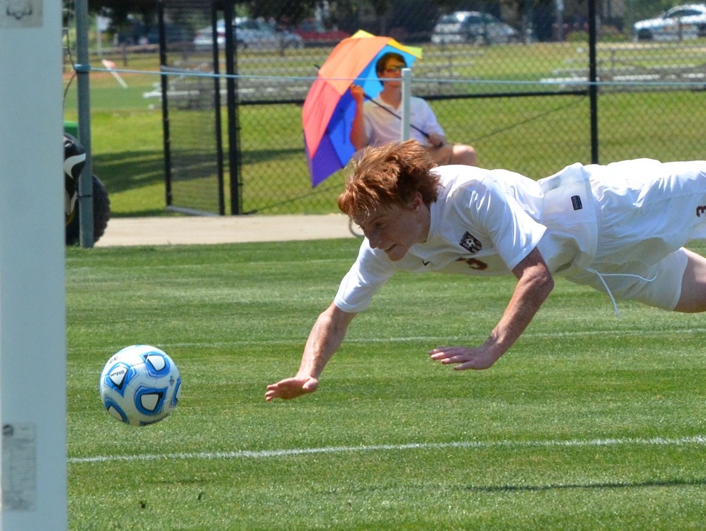 Montgomery Bell Academy's Ellis Moore attempts a potential game-tying header late in the first half of Thursday's Division II-AA state championship match against Christian Brothers at Richard Siegel Soccer Complex.
