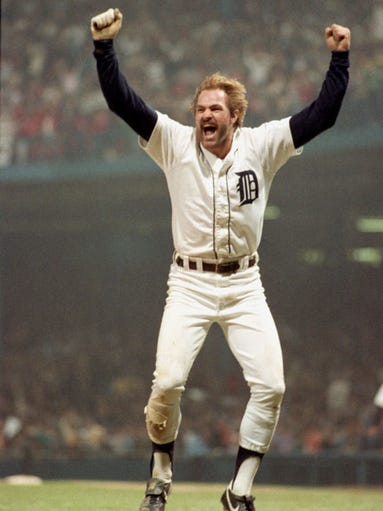 Kirk Gibson celebrates the Detroit Tigers'  1984 World