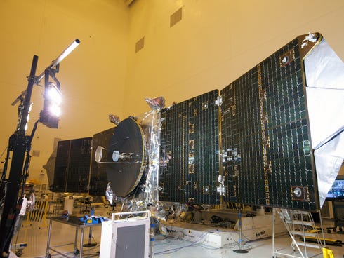 In October at Kennedy Space Center, special lighting was used to test the power-producing capabilities of the twin solar arrays on NASA's Maven spacecraft. The spacecraft is being prepared for a Nov. 18 launch to Mars.